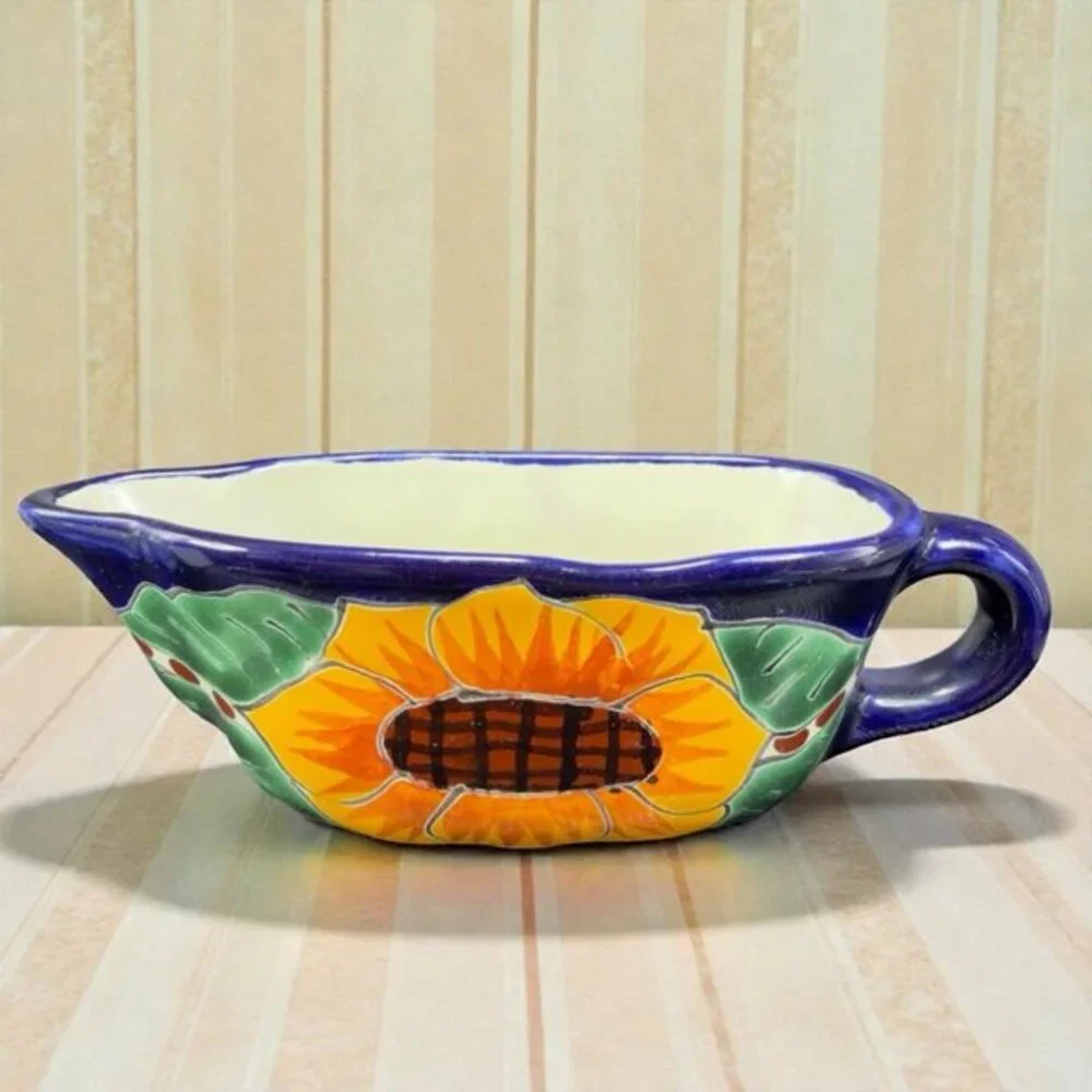 Hand Made Mexican Pottery Talavera Gravy Boat Salsa Dish Container Sunflower VTG